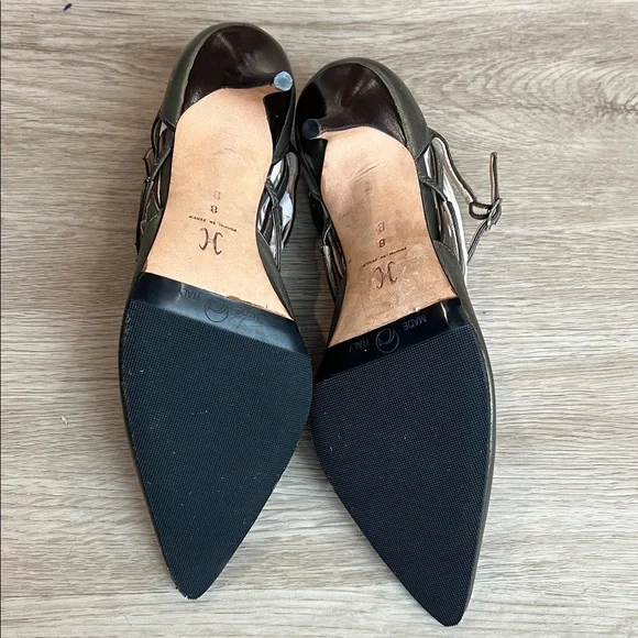 Cole Haan Collection Pointed Toe Strappy Pumps in Metallic Olive Green Leather - Picture 16 of 16